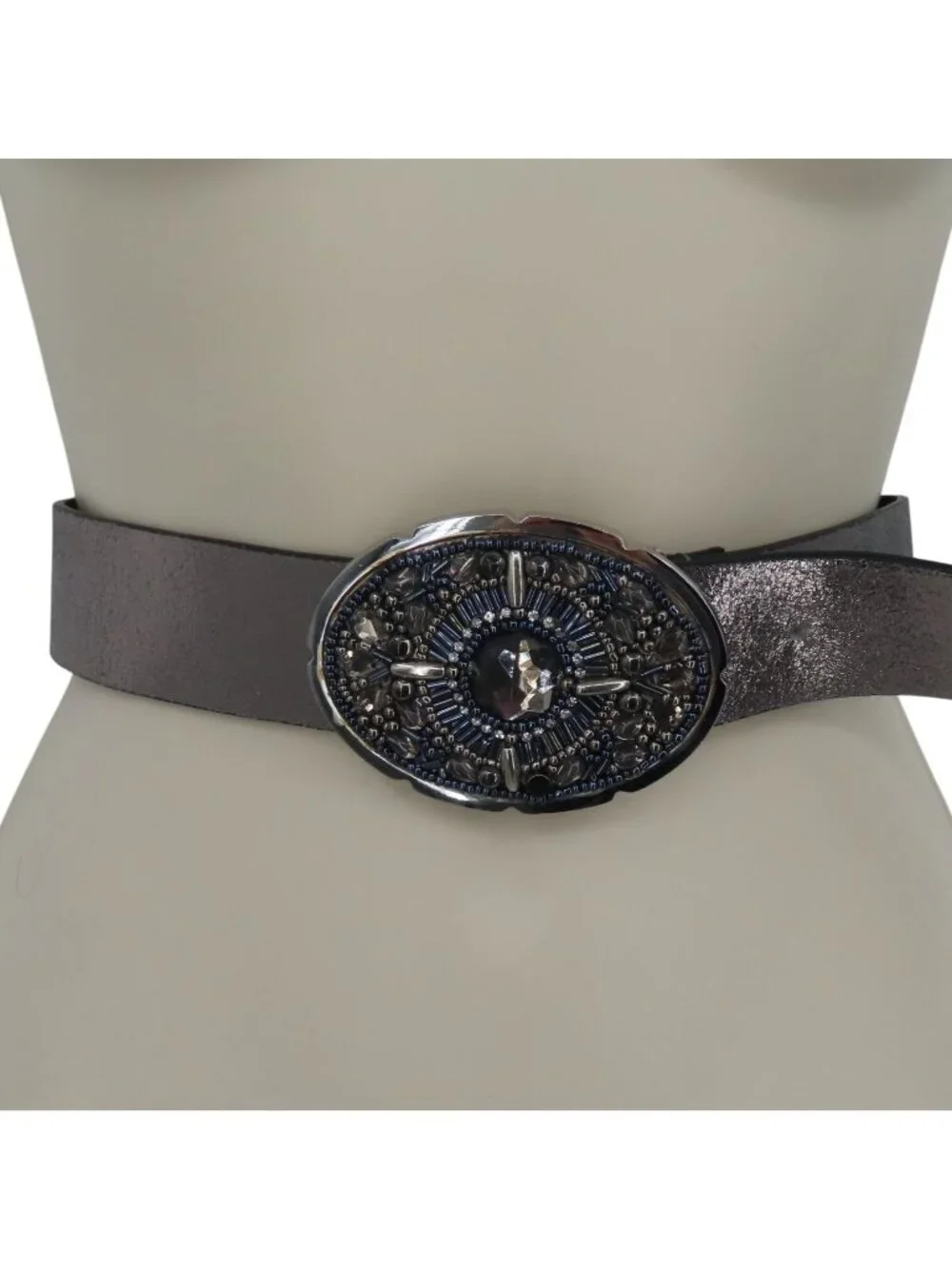 Chicos Women Small Metallic Silver Genuine Leather Belt Beaded Rhinestone Buckle